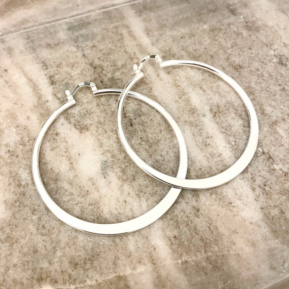 925 Sterling Silver Hoop Earrings Large Silver Hoops Modern Earrings - Picture 2 of 4